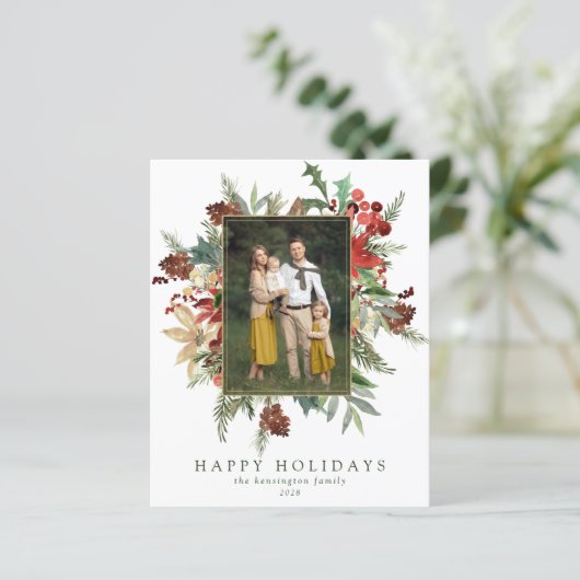 Budget Floral Prettige feestdagen kerstfotokaart (Staand voorkant)