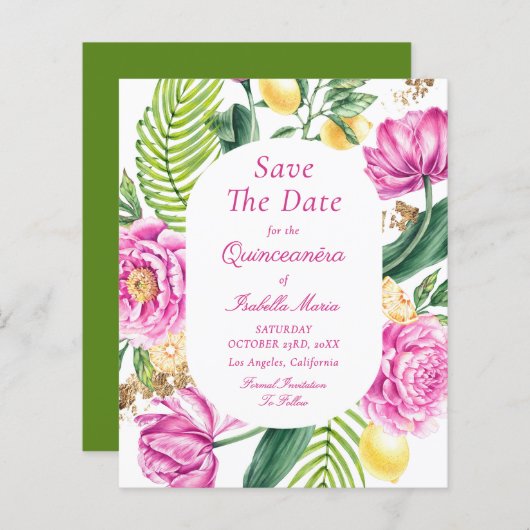 Budget Floral Quinceañera Save The Dates (Voorkant / Achterkant)