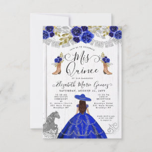 Budget Floral Royal Blue Silver Charra Quinceanera Notitiekaartje