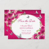 BUDGET Floral Roze Zilveren Vlinder Quinceanera Notitiekaartje (Voorkant / Achterkant)