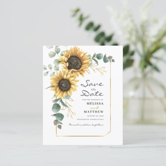 Budget Floral Sunflower Eucalyptus Save the Date (Staand voorkant)