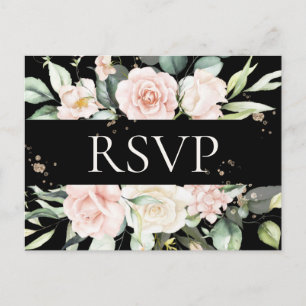 Budget Floral Waterverf Black Wedding RSVP Briefkaart