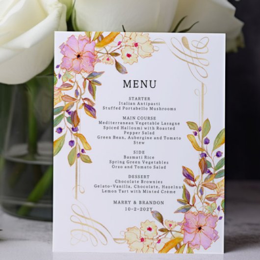 Budget Floral Wedding Menu Kaart