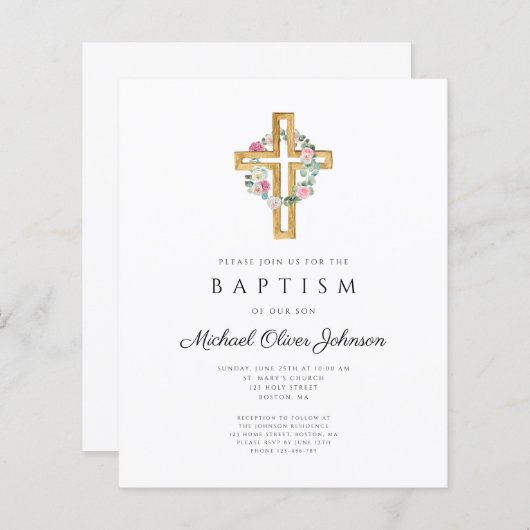 Budget Floral Wreate Cross Baptism Uitnodiging (Voorkant / Achterkant)