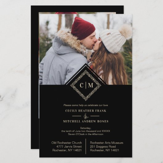 Budget Flourish Black Luxury Wedding Initials (Voorkant / Achterkant)