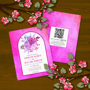 BUDGET Flowers QR code magenta bruiloft uitnodigin