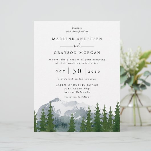 Budget Forest Mountain bruiloft uitnodiging (Staand voorkant)