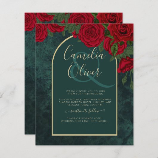 BUDGET ForestGreen RED Roses Winter Wedding INVITE (Voorkant / Achterkant)