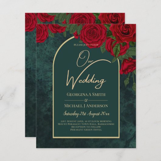 BUDGET ForestGreen RED Roses Winter Wedding INVITE (Voorkant / Achterkant)