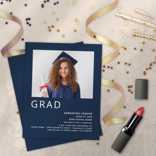 Budget Foto 2022 Navy Blue Afstuderen Invitation