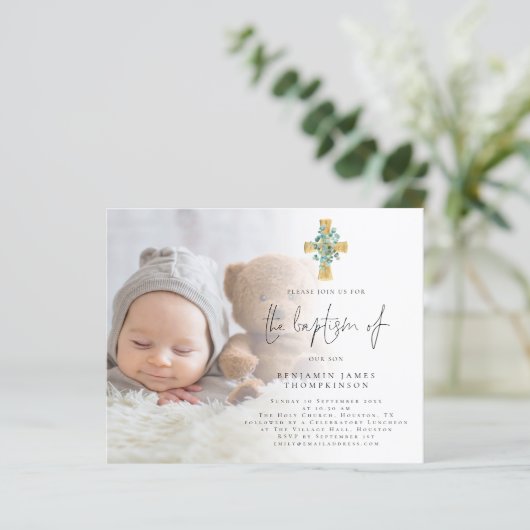 Budget Foto Eucalyptus Cross Baptisme Uitnodigen (Staand voorkant)