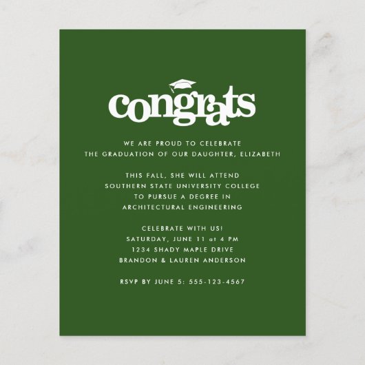 Budget foto groen afstuderen modern invitatie (Achterkant)