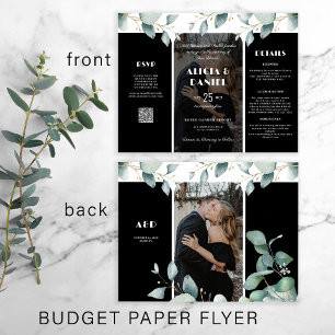Budget foto rsvp details tri-fold zwart huwelijk flyer