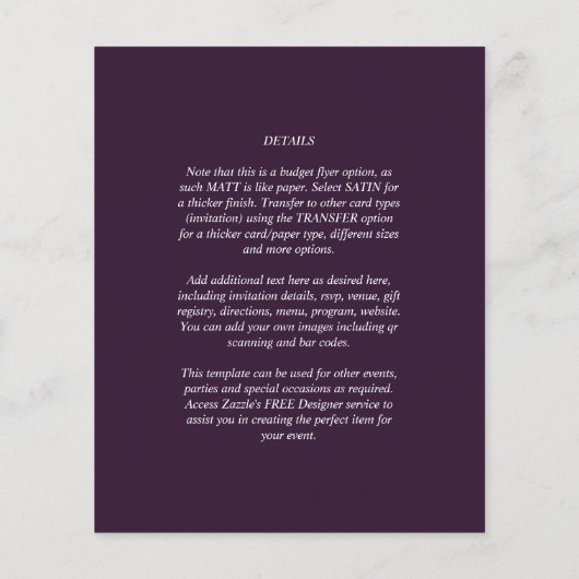 BUDGET Foto Save the Date Plum Paars Weddenschap Flyer (Achterkant)