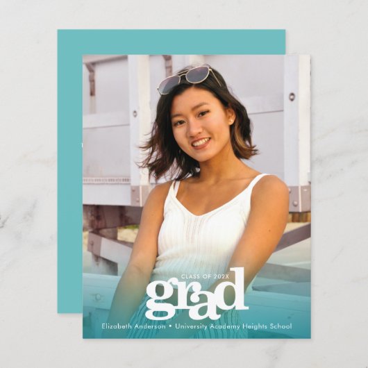 Budget foto turquoise blauw afstuderen vet uitnodi (Voorkant / Achterkant)