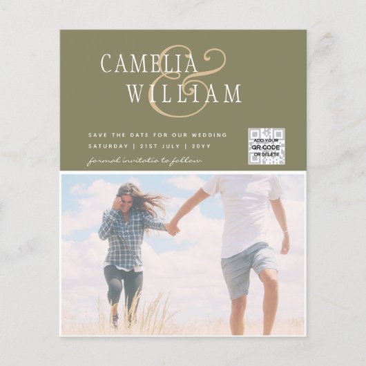 BUDGET Fotobruiloft Uitnodiging Opslagdatum QR-cod Flyer (Voorkant)
