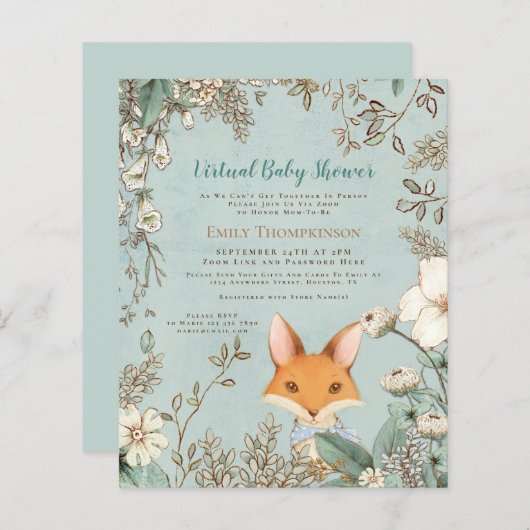 Budget Fox Boy Virtual Baby shower Invitation (Voorkant / Achterkant)