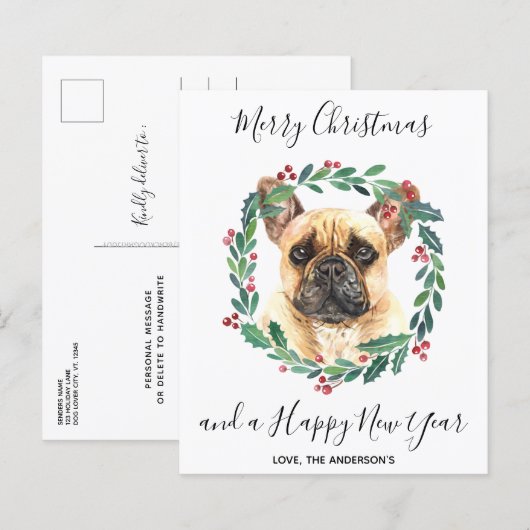 Budget French Buldog Chien Merry Christmas Carte p (Devant / Derrière)