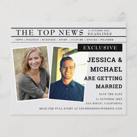Budget Fun Newspapier Headline Photo Save the Date (Voorkant)
