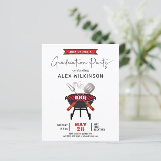 BUDGET Fun Red Script Afstuderen BBQ Uitnodiging (Staand voorkant)