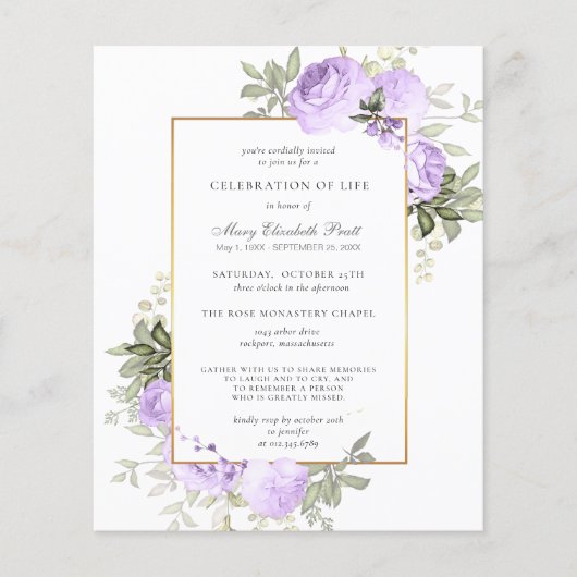 Budget Funeral Invitation Paars Floral (Voorkant)