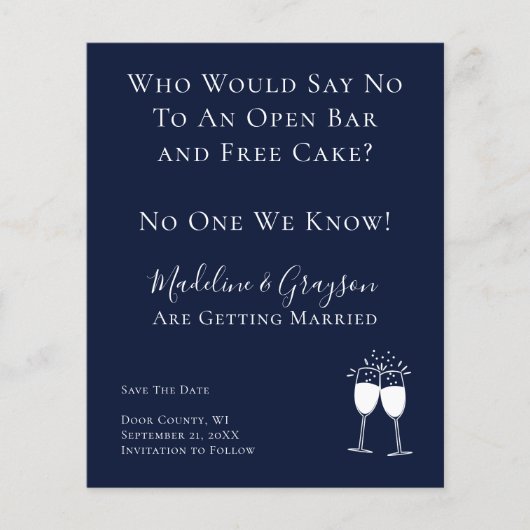 BUDGET Funny Open Bar Free Cake Save the Date (Voorkant)