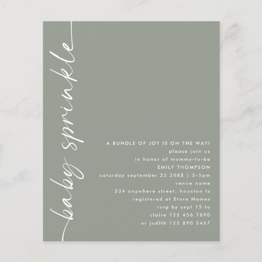 Budget Geroteerd Script Sage Baby shower Sprinkle (Voorkant)