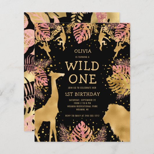 Budget Girls 1e verjaardag Roze Black Safari Invit (Voorkant / Achterkant)