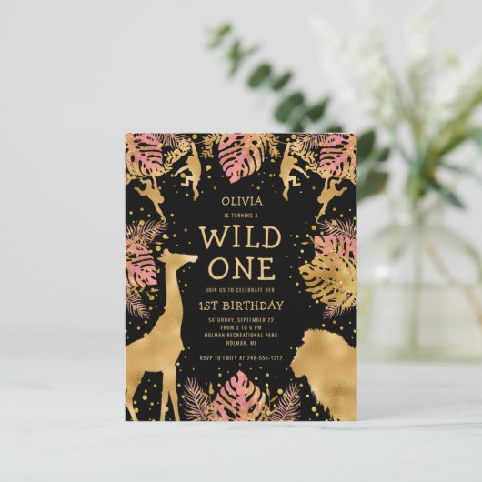 Budget Girls 1e verjaardag Roze Black Safari Invit (Staand voorkant)