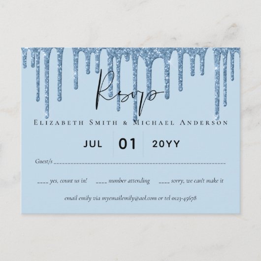 Budget  Girly BLUE Glitter Wedding RSVP Briefkaart (Voorkant)