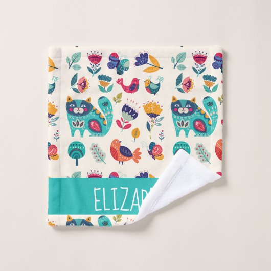 Budget  Girly Cats Folk Art Style ADD NAME Bad Handdoek (Wasdoekje)