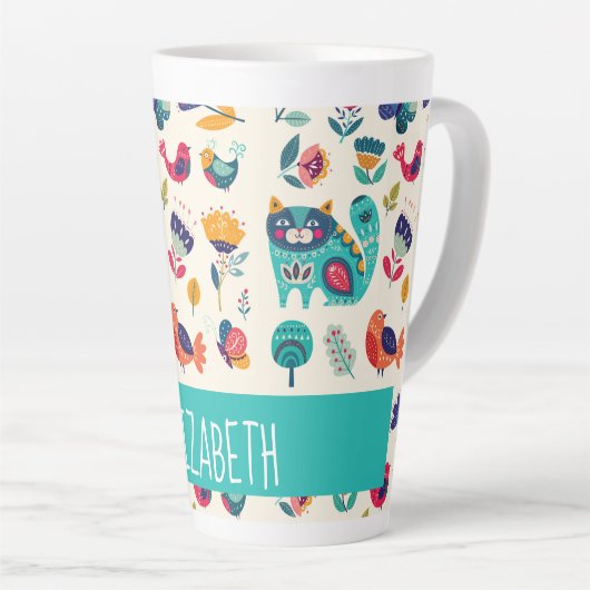 Budget  Girly Cats Folk Art Style ADD NAME Latte Mok (Rechterhoek)