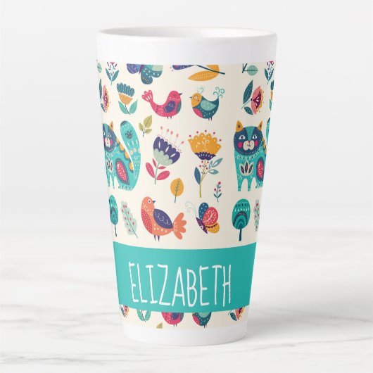 Budget  Girly Cats Folk Art Style ADD NAME Latte Mok (Voorkant)
