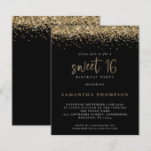 Budget Girly Gold Glitter Sweet 16 Black Invite (Voorkant / Achterkant)
