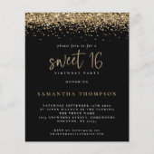 Budget Girly Gold Glitter Sweet 16 Black Invite (Voorkant)