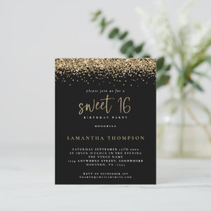 Budget Girly Gold Glitter Sweet 16 Black Invite