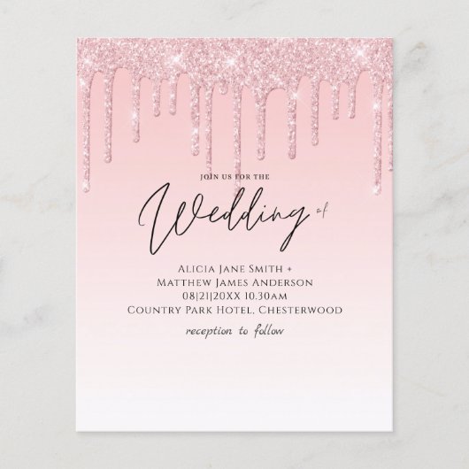 Budget Girly Wedding Glitter Pink Invite (Voorkant)
