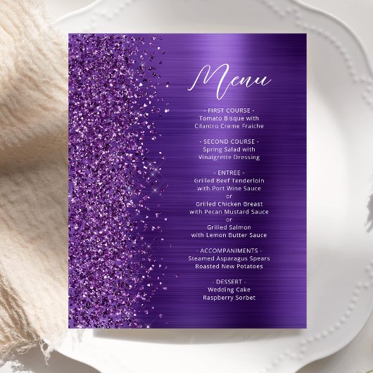 Budget Glam Paarse Glitter Script Trouwmenu