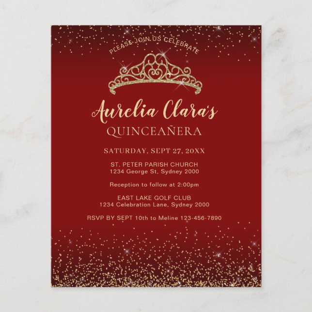 BUDGET Glam Red Gold Glitter Tiara Quinceanera (Voorkant)