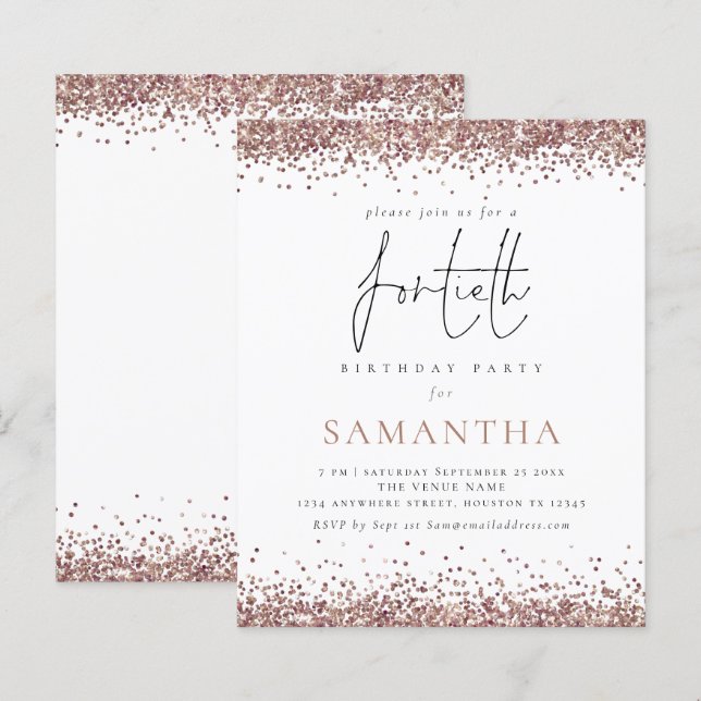 Budget Glam Roos Gold Glitter 40th Party Invite (Voorkant / Achterkant)