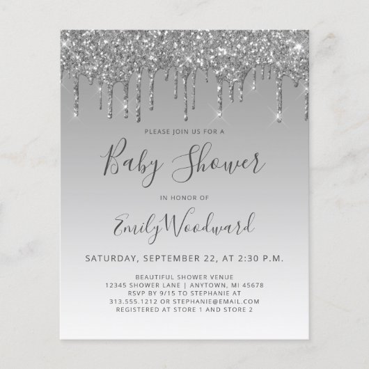 Budget Glam Silver Glitter Baby shower Uitnodiging (Voorkant)