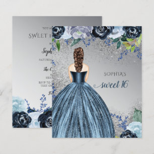 Budget Glitter Blue Dress Sweet 16 Uitnodiging