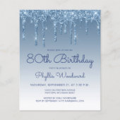 Budget Glitter Drip Blue Birthday Party Invitation (Voorkant)