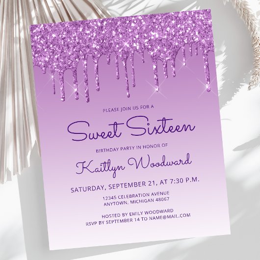 Budget Glitter Drip Paars Sweet 16 Uitnodiging