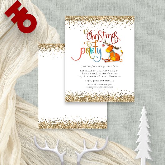 Budget Glitter-kerstfeest Lets party Deer Invite
