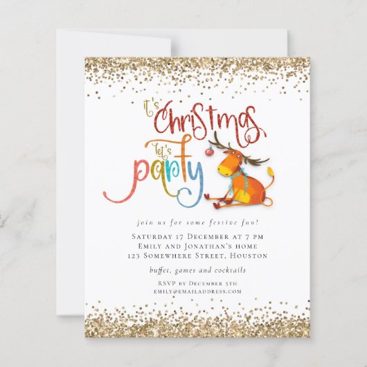 Budget Glitter-kerstfeest Lets party Deer Invite (Voorkant)