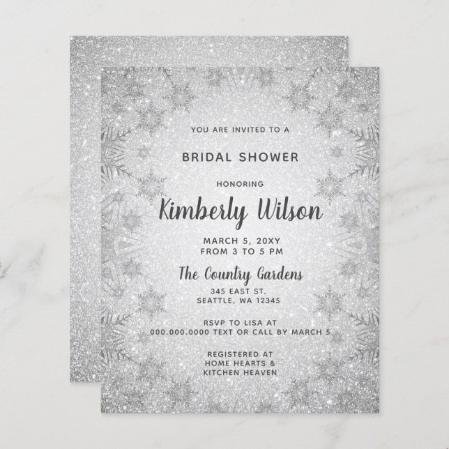 Budget Glitter Snowflakes Bridal Shower Uitnodigin (Voorkant / Achterkant)