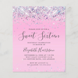 Budget Glitter Sweet 16 Birthday Party Invitation