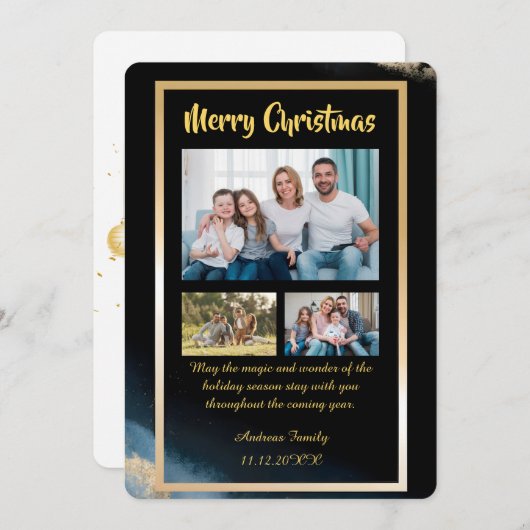 Budget Gold Black Christmas  3 Photo Holiday Card Feestdagenkaart (Voorkant / Achterkant)