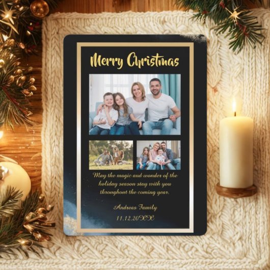 Budget Gold Black Christmas 3 Photo Holiday Card Feestdagenkaart